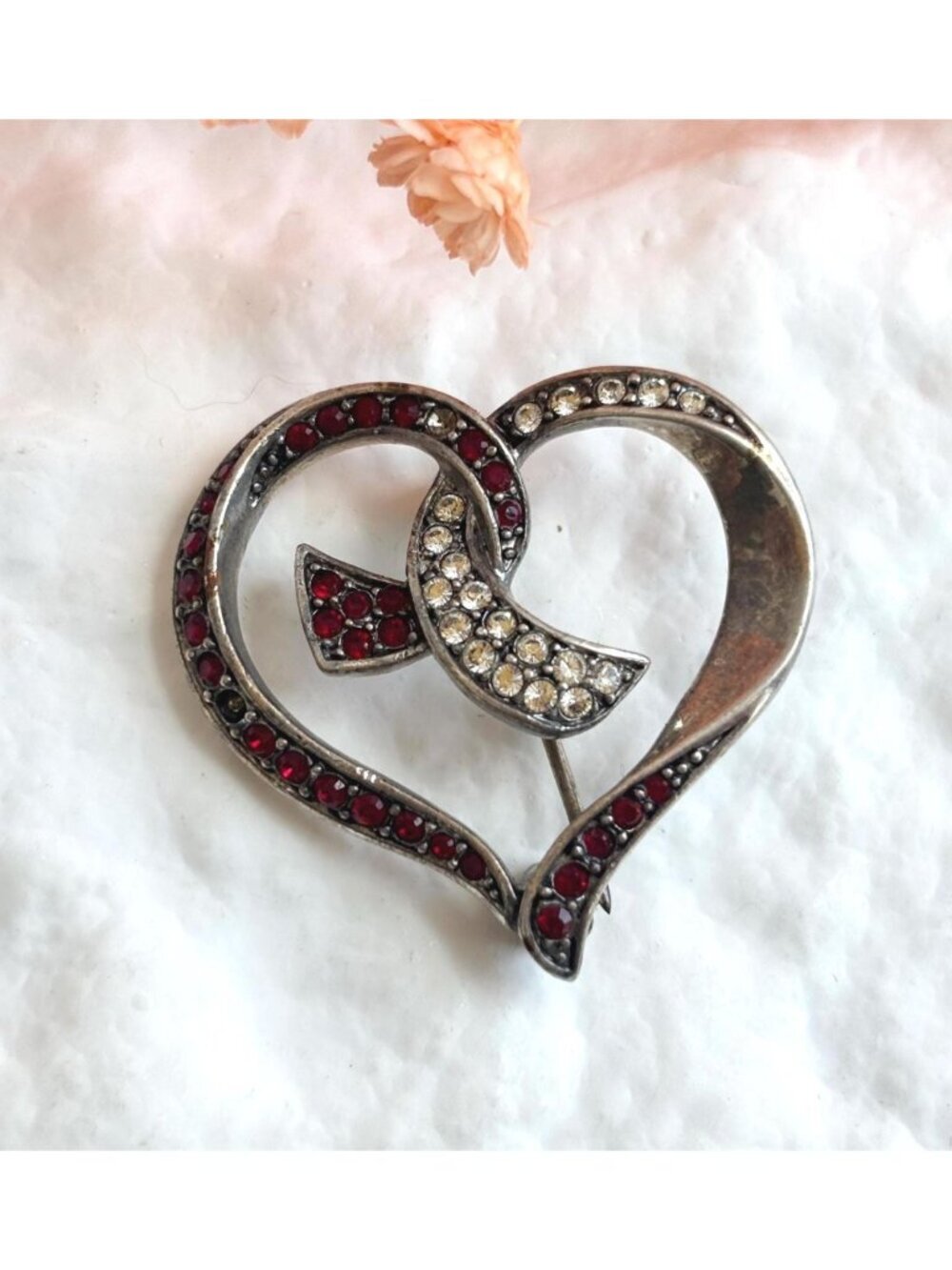 Heart Shaped Red Rhinestone 80's Style Silver Toned Vintage Brooch | Pin